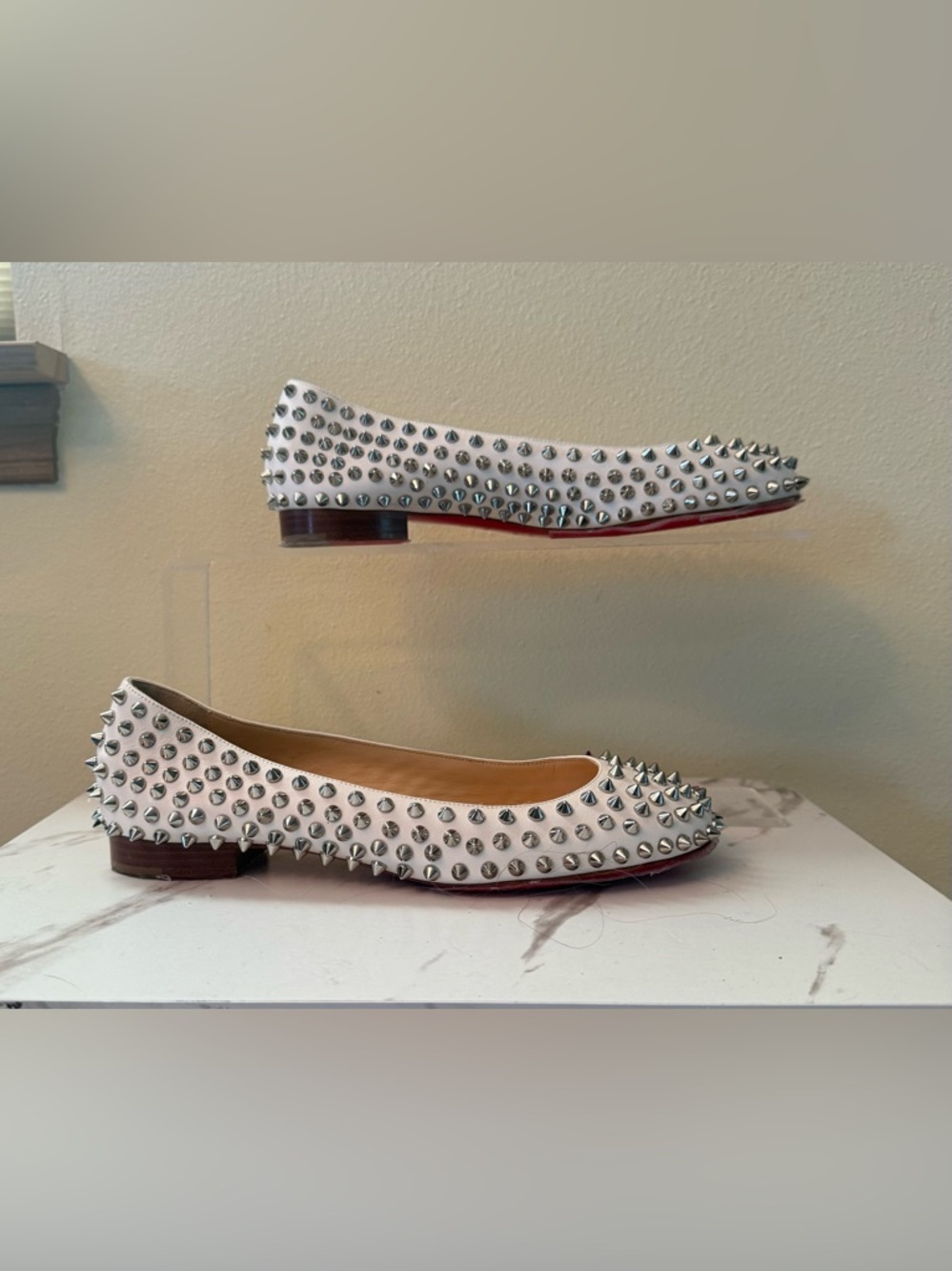 Christian Louboutin White Spike-Studded Ballet Flats, EUC, Size 39